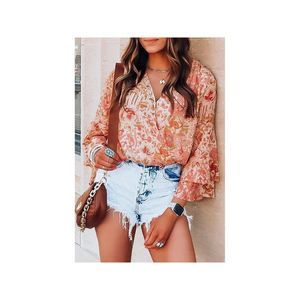 Azura Exchange  Orange Floral Print Ruffled Bell Sleeve V Neck Bodysuit